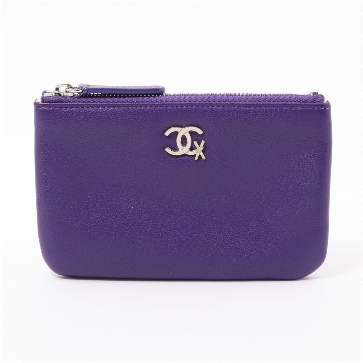 Chanel Coco Mark Leather Pouch Purple Silver Metal fittings