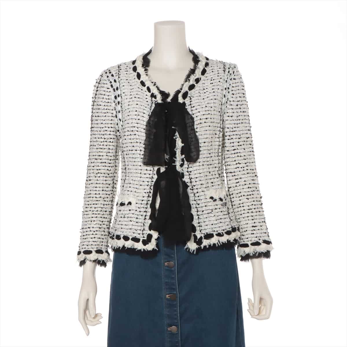 Chanel 05P Tweed Collarless jacket 42 Ladies' Black × White  Sequins Ribbon