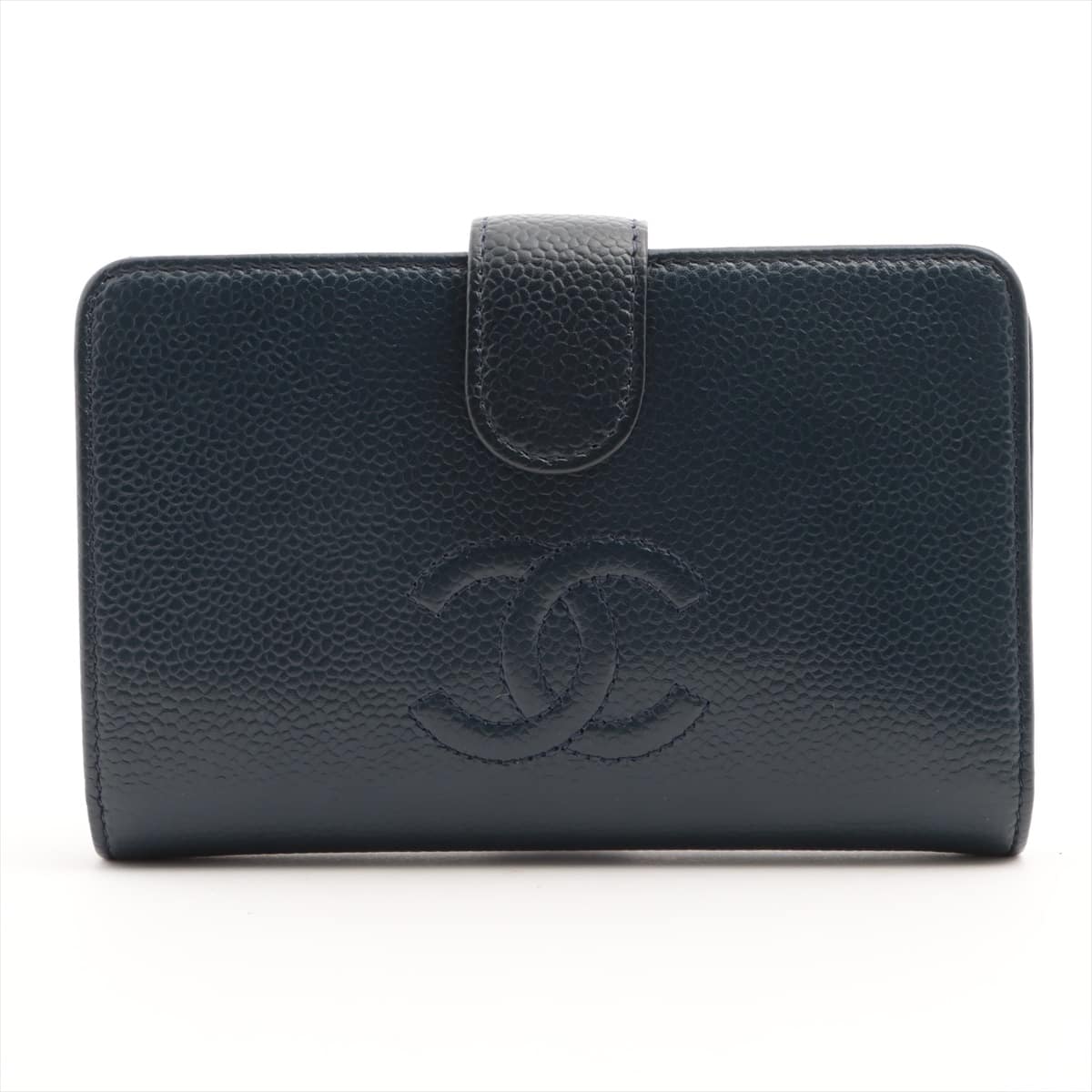 Chanel Coco Mark Caviarskin Compact Wallet Navy blue Silver Metal fittings 15XXXXXX
