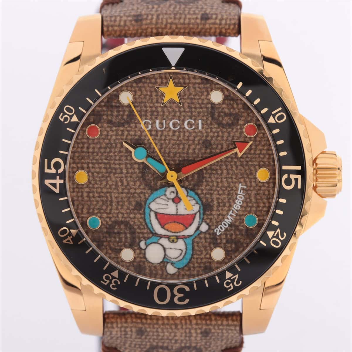 Gucci dives 136.3 SS & Leather QZ Brown-Face Doraemon Collaboration