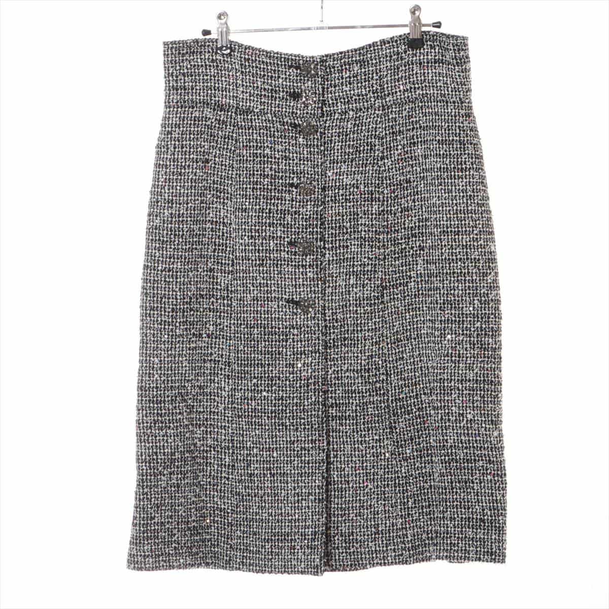 Chanel Coco Button P50 Tweed Skirt 42 Ladies' Black × White