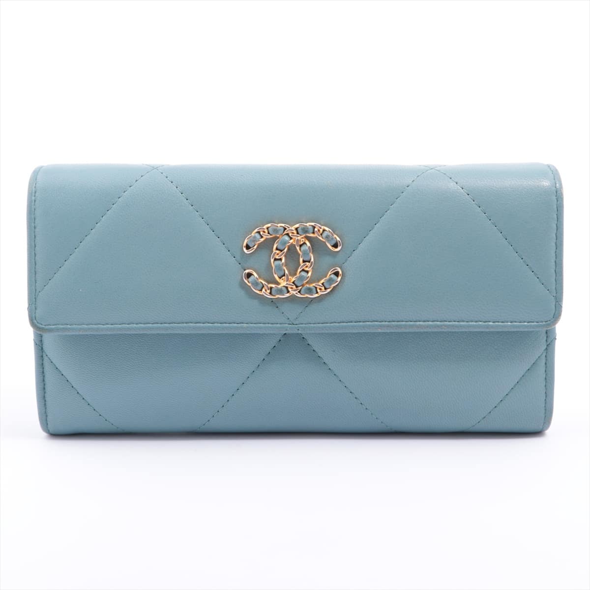 Chanel CHANEL 19 Lambskin Wallet Light blue Gold Metal fittings 29th