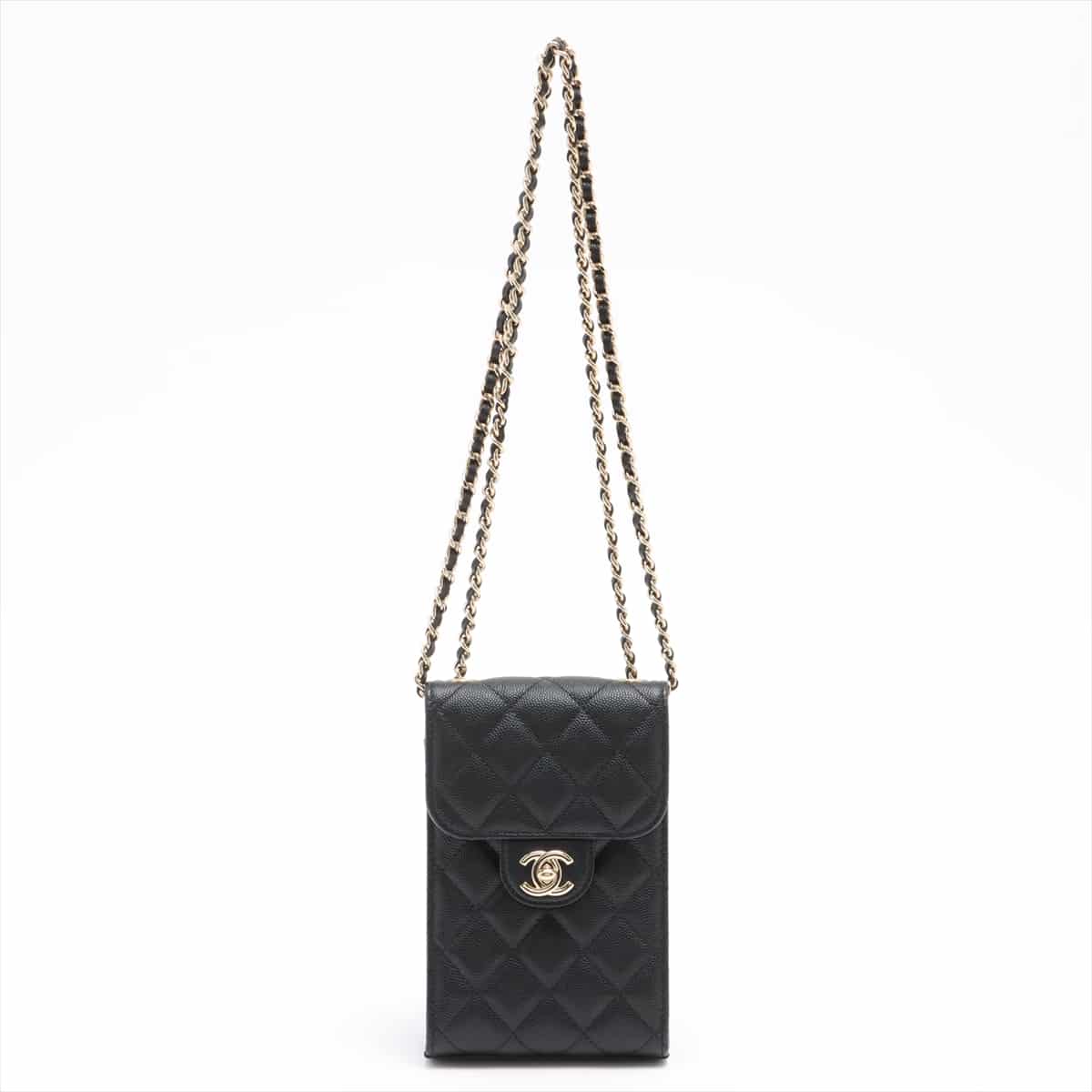 Chanel Matelasse Caviarskin Chain shoulder bag Phone pouch Black Gold Metal fittings 31st