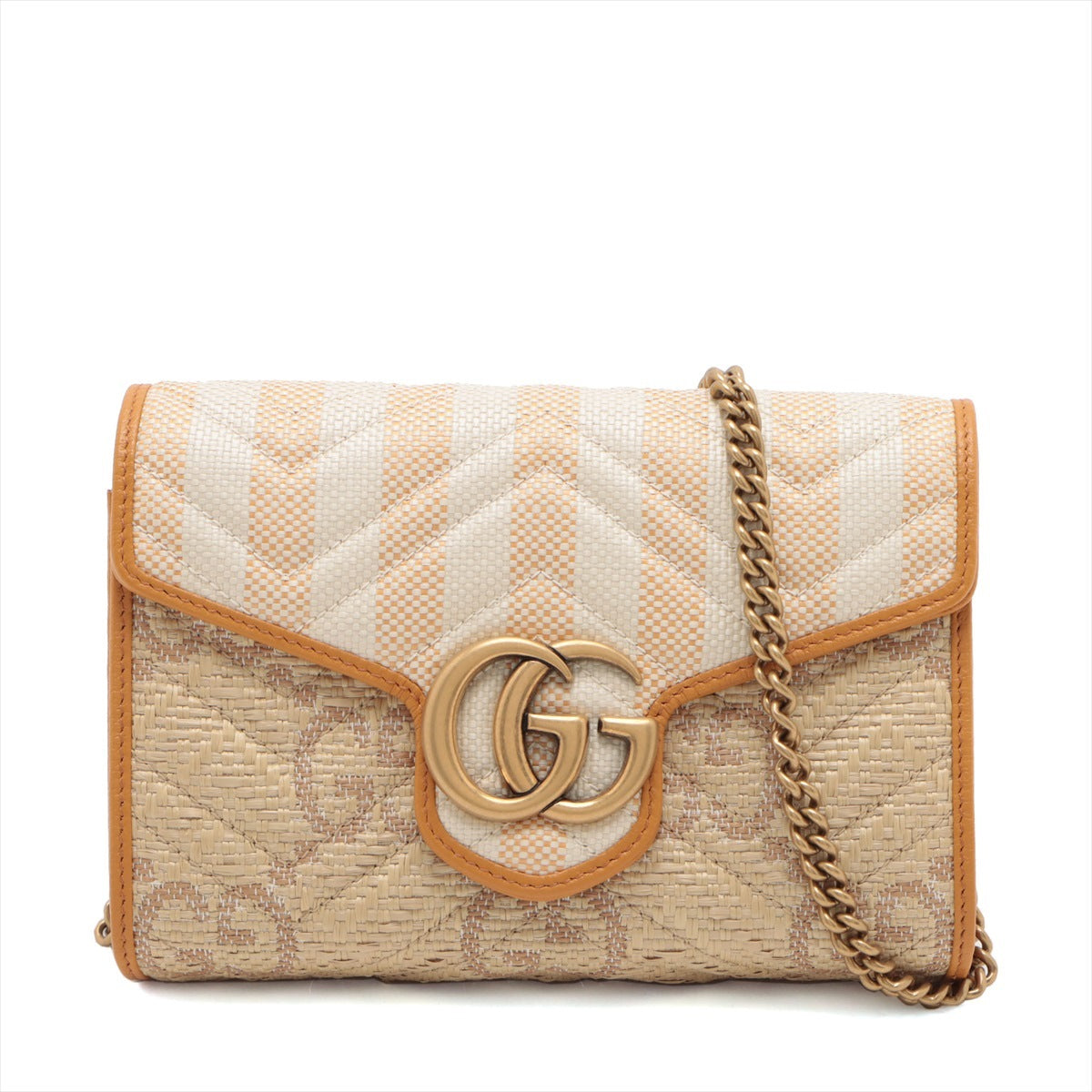 Gucci GG Marmont Raffia x leather Chain wallet Beige 474575