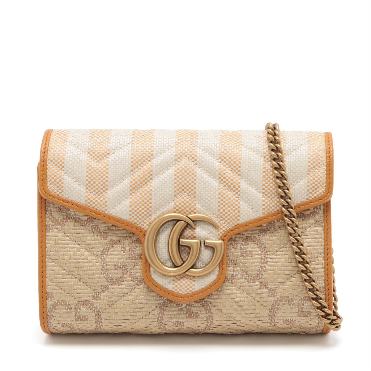 Gucci GG Marmont Raffia x leather Chain wallet Beige 474575