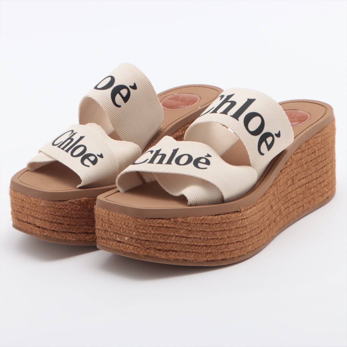 Chloe Woody Fabric Wedge Sole Sandals 38 Ladies' White x brown