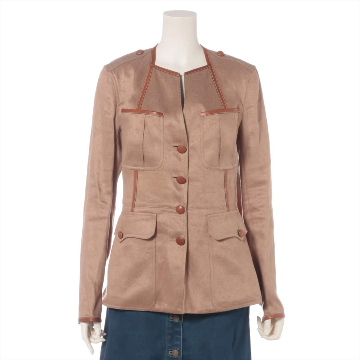 Hermès Linen × Leather Jacket 38 Ladies' Brown
