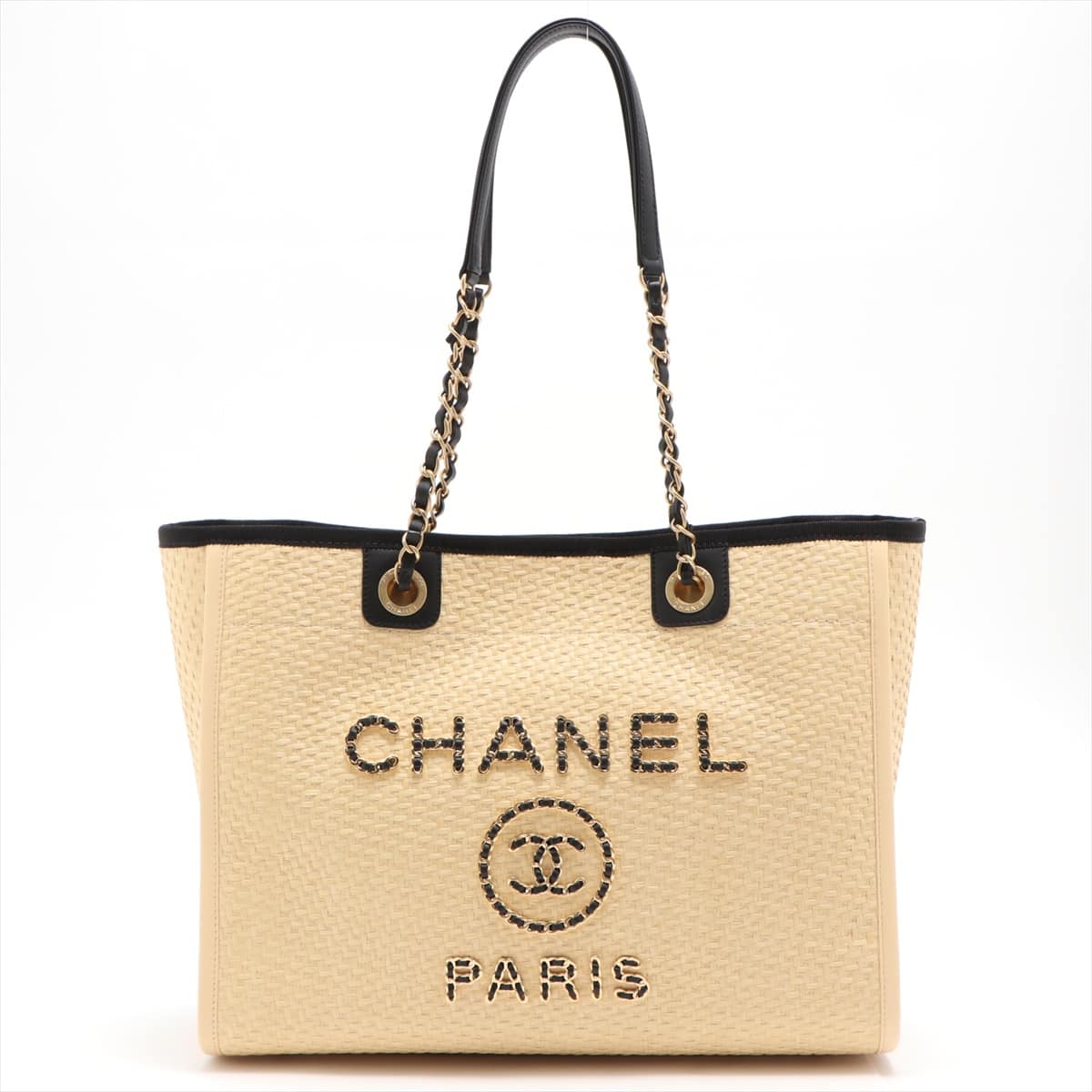Chanel Deauville MM Raffia Chain tote bag Beige Gold Metal fittings 30 A67001