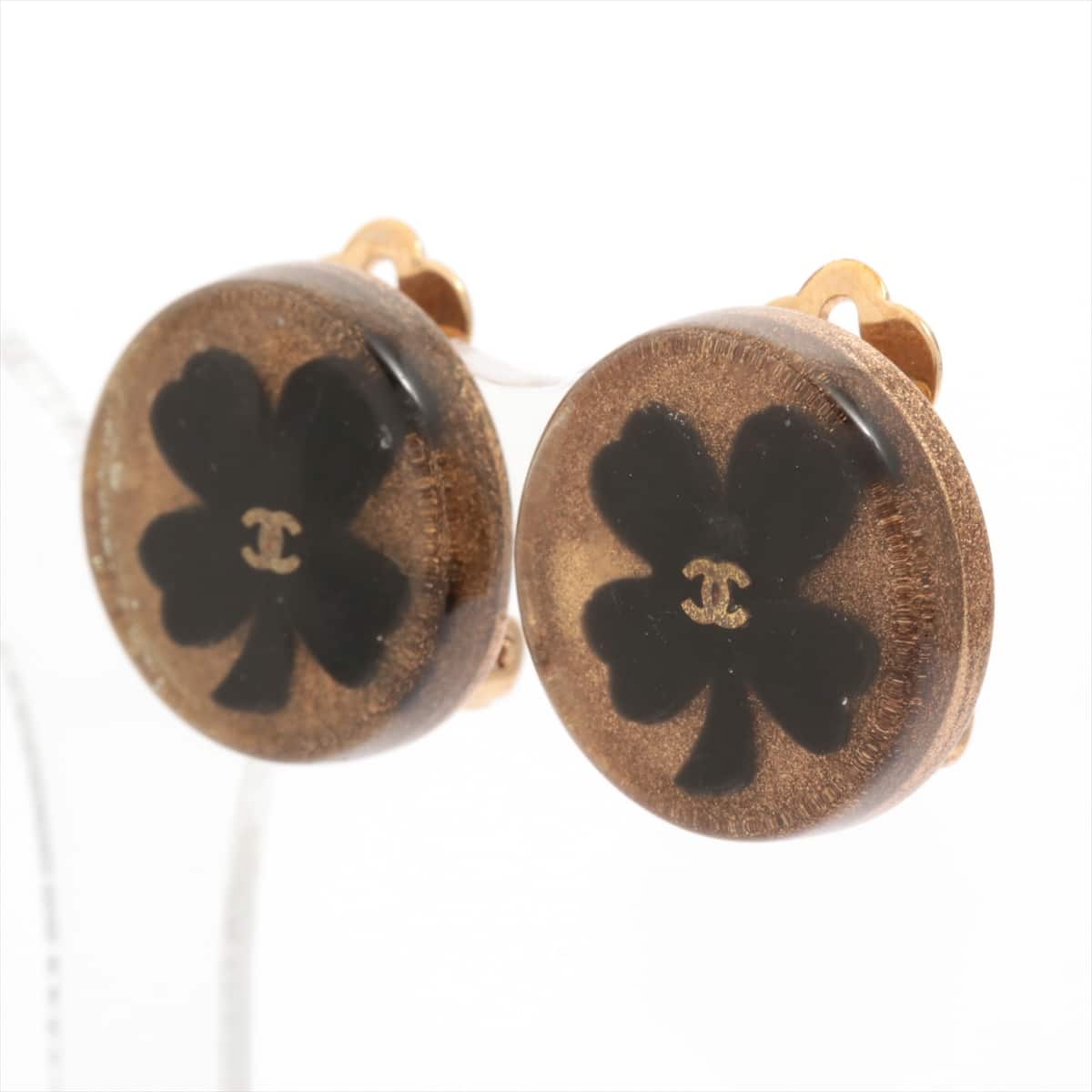 Chanel Clover 01C Earrings (for both ears) GP x plastic Black×Gold
