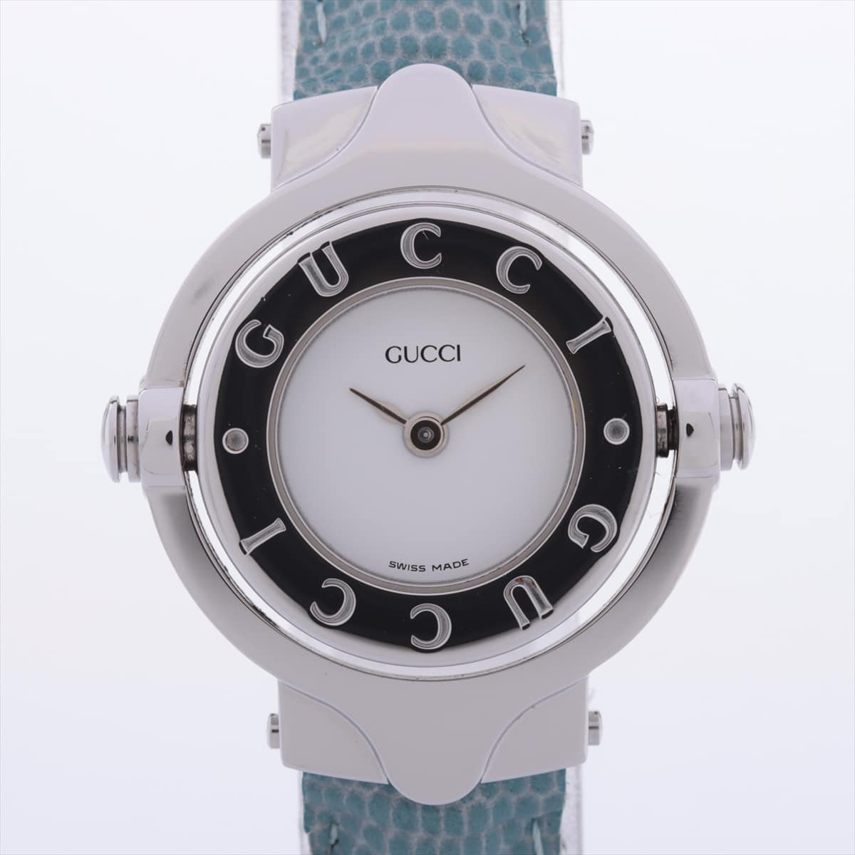 Gucci Bangle Watch Turn face SS & Leather QZ White-Face