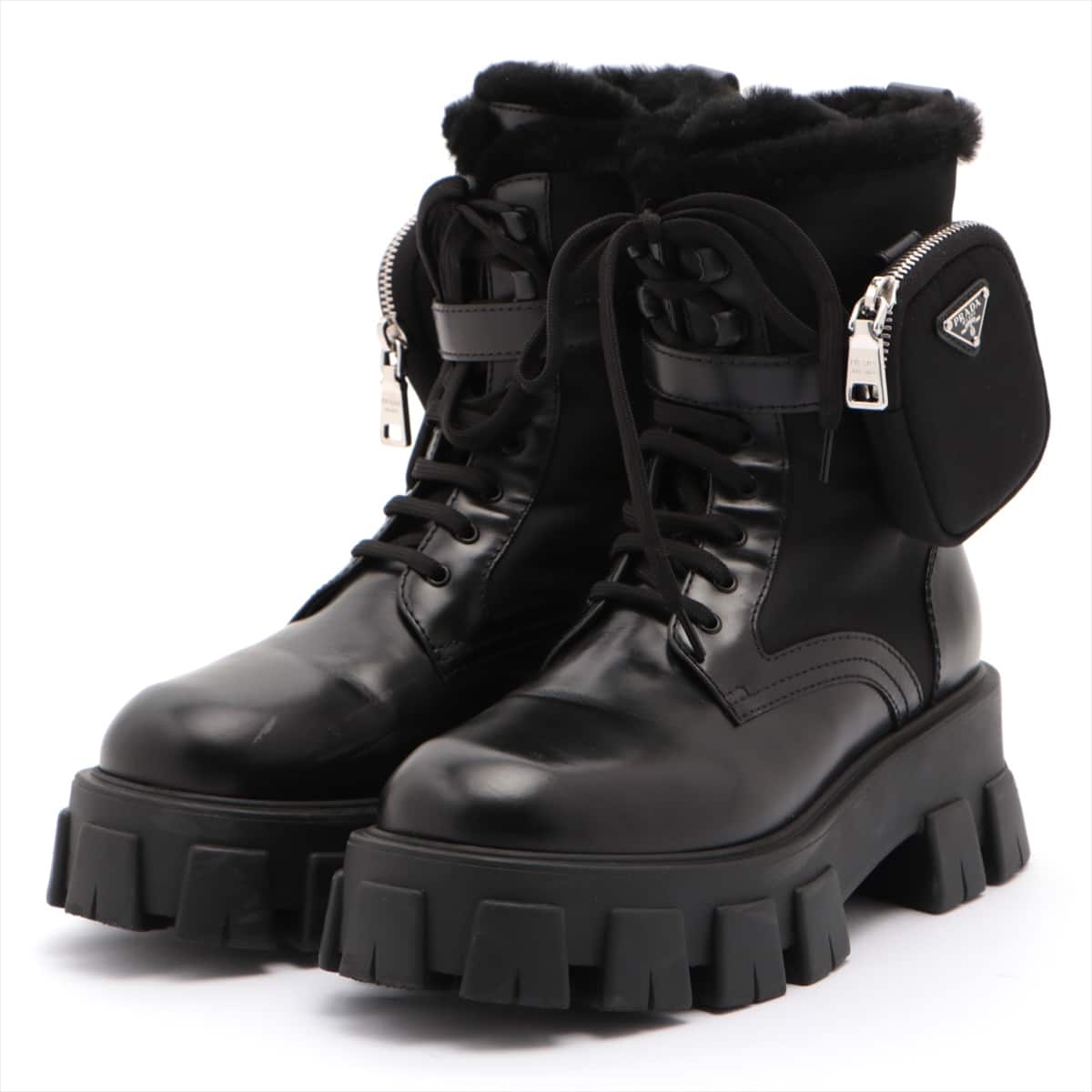 Prada Nylon & Leather Boots 38 1/2 Unisex Black Monolith Mouton Detachable pouch