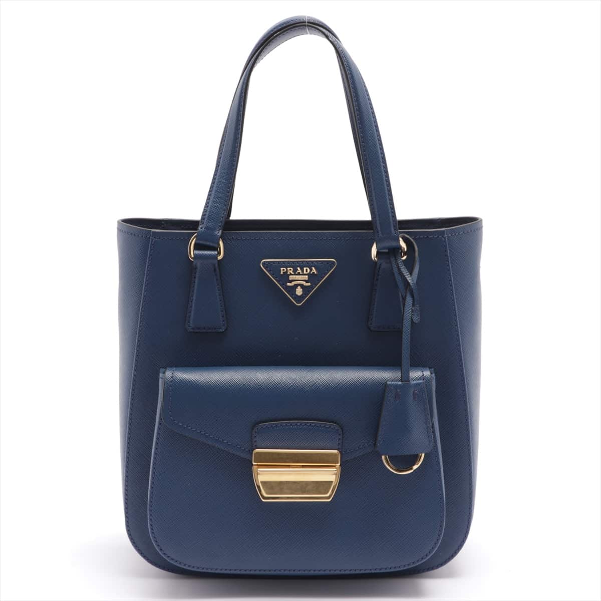 Prada Saffiano Lux Leather 2way handbag Blue 1BA254 open papers