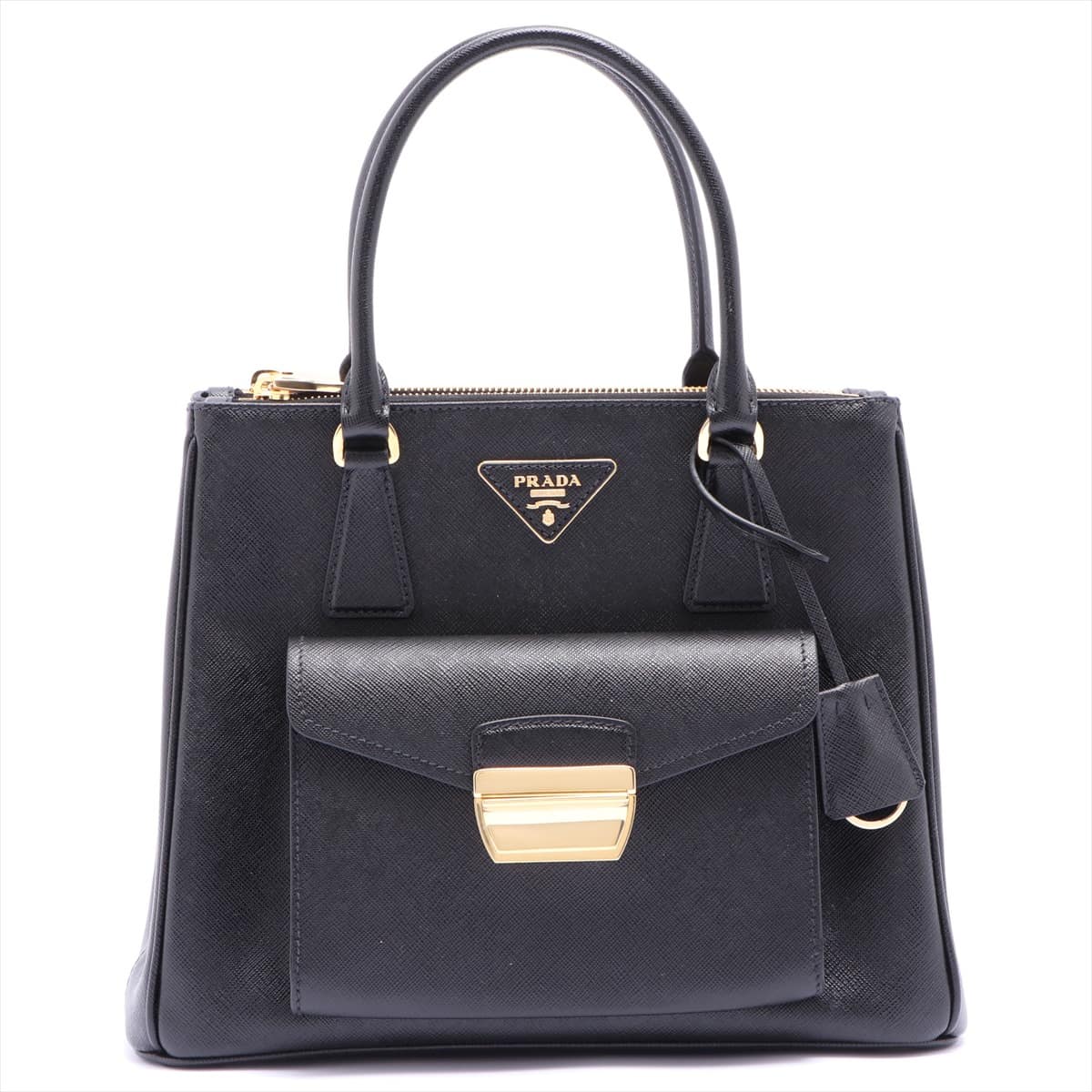 Prada Saffiano Lux Metropolis 2way handbag Black 1BA256 open papers