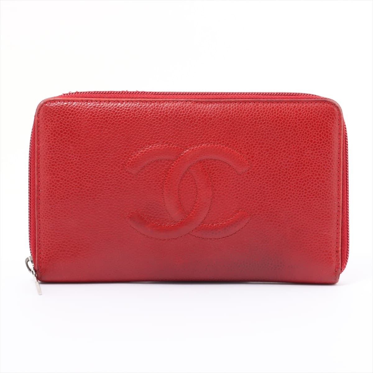 Chanel Coco Mark Caviarskin Round-Zip-Wallet Red Silver Metal fittings 14XXXXXX