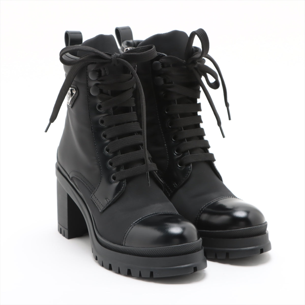 Prada Re Nylon Re Nylon Nylon & Leather Short Boots 36 1/2 Ladies' Black Triangle logo
