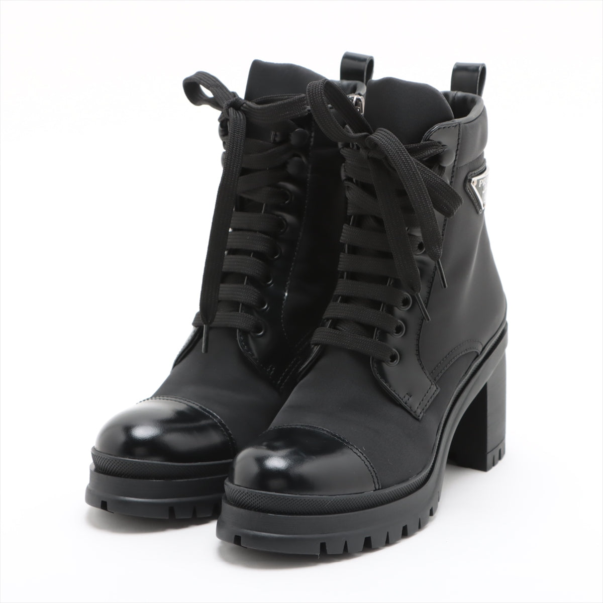 Prada Re Nylon Re Nylon Nylon & Leather Short Boots 36 1/2 Ladies' Black Triangle logo