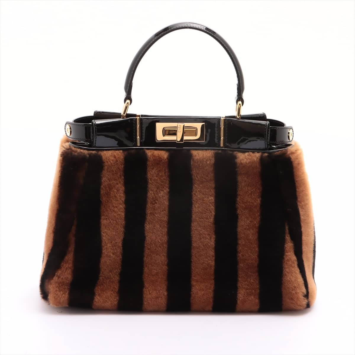 Fendi PEEKABOO REGULAR Pecan Mouton x patent leather 2way handbag Brown
