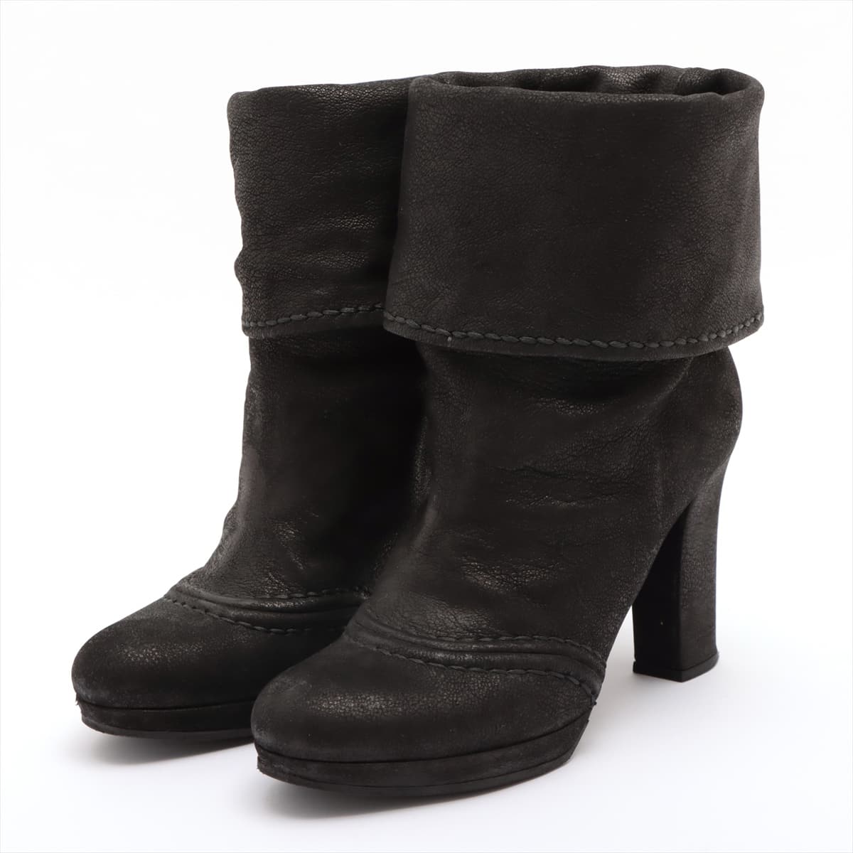 Prada Leather Short Boots 36 Ladies' Black Has half rubber