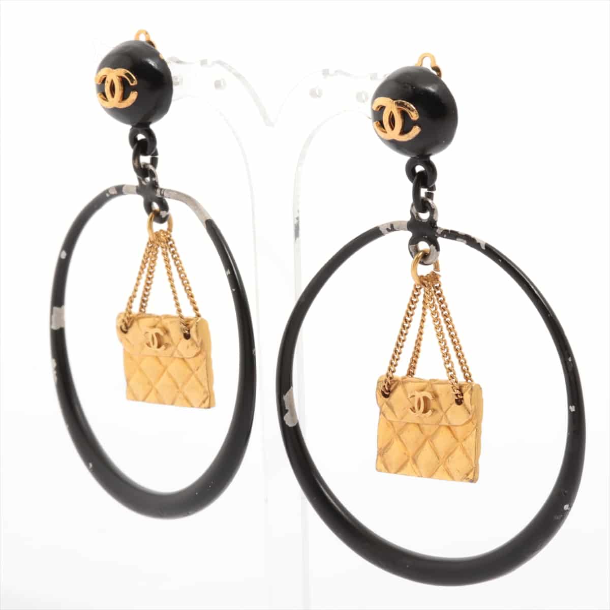 Chanel Coco Mark 94C Earrings (for both ears) GP Black×Gold Matelasse Bag motif