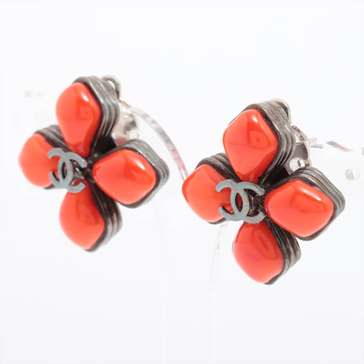 Chanel Coco Mark 96P Earrings (for both ears) GP Red x silver Color stone