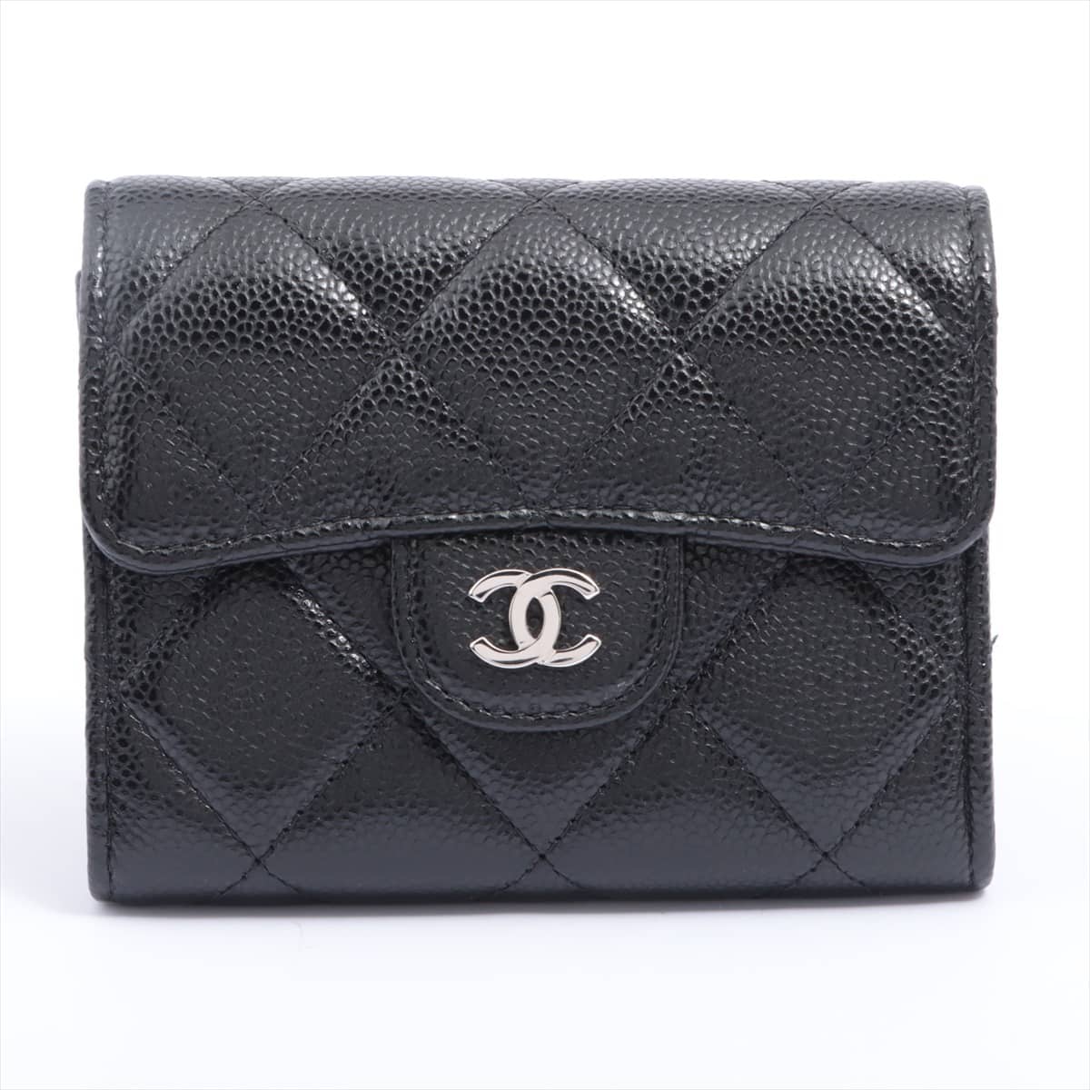 Chanel Matelasse Caviarskin Chain wallet Black Silver Metal fittings 30