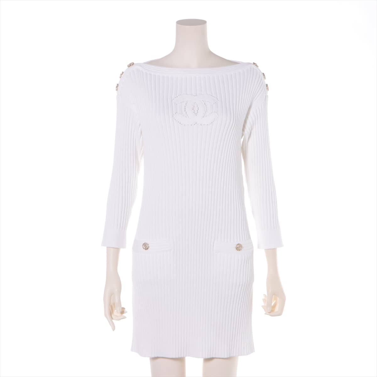 Chanel Coco Button P63 Cotton Knit dress 38 Ladies' White