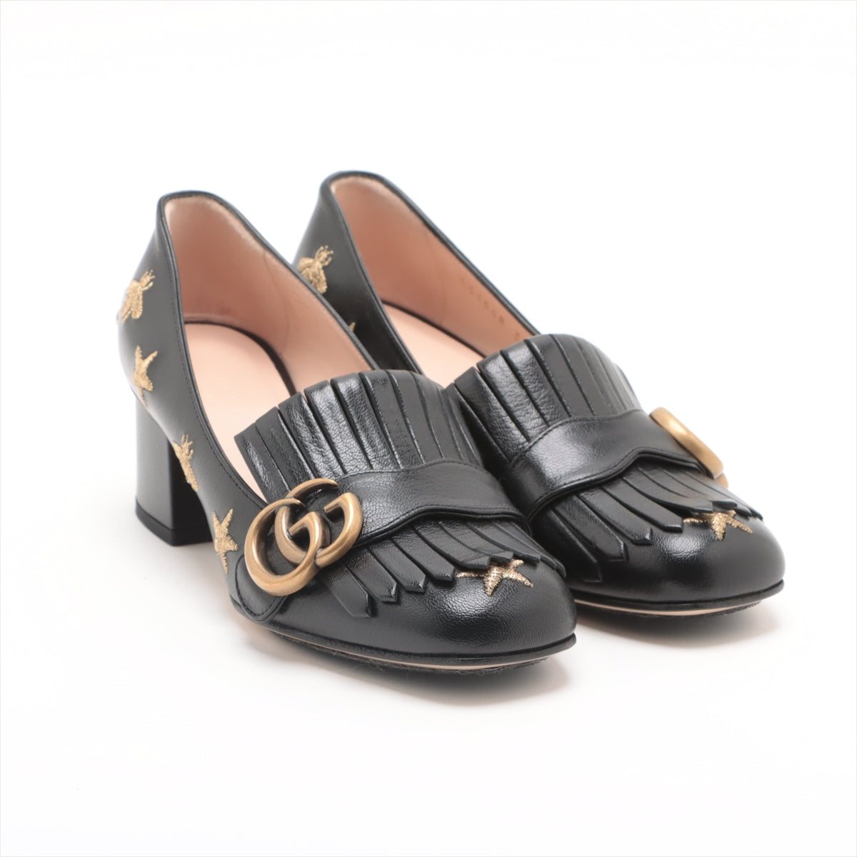 Gucci GG Marmont Leather Pumps 35.5 Ladies' Black 551548 Bee Star embroidery Fringe There is a box