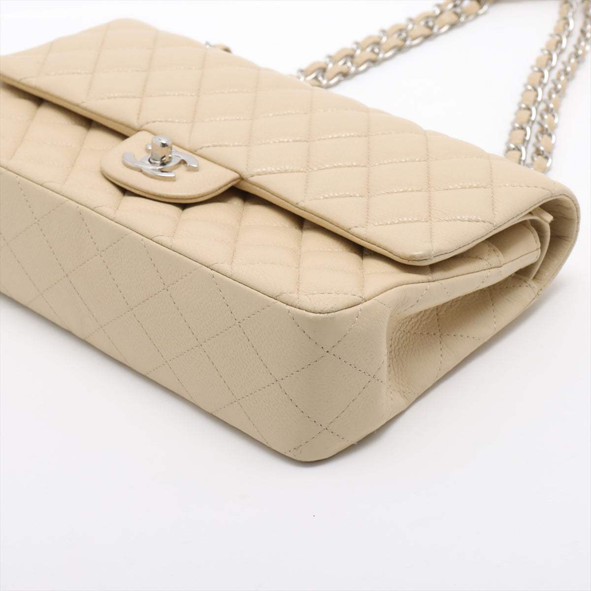 [Individual packaging] Chanel Matelasse Caviarskin Double flap Double chain bag Beige Silver Metal fittings 15849799   Leather repainted The inside edge is slightly solid
