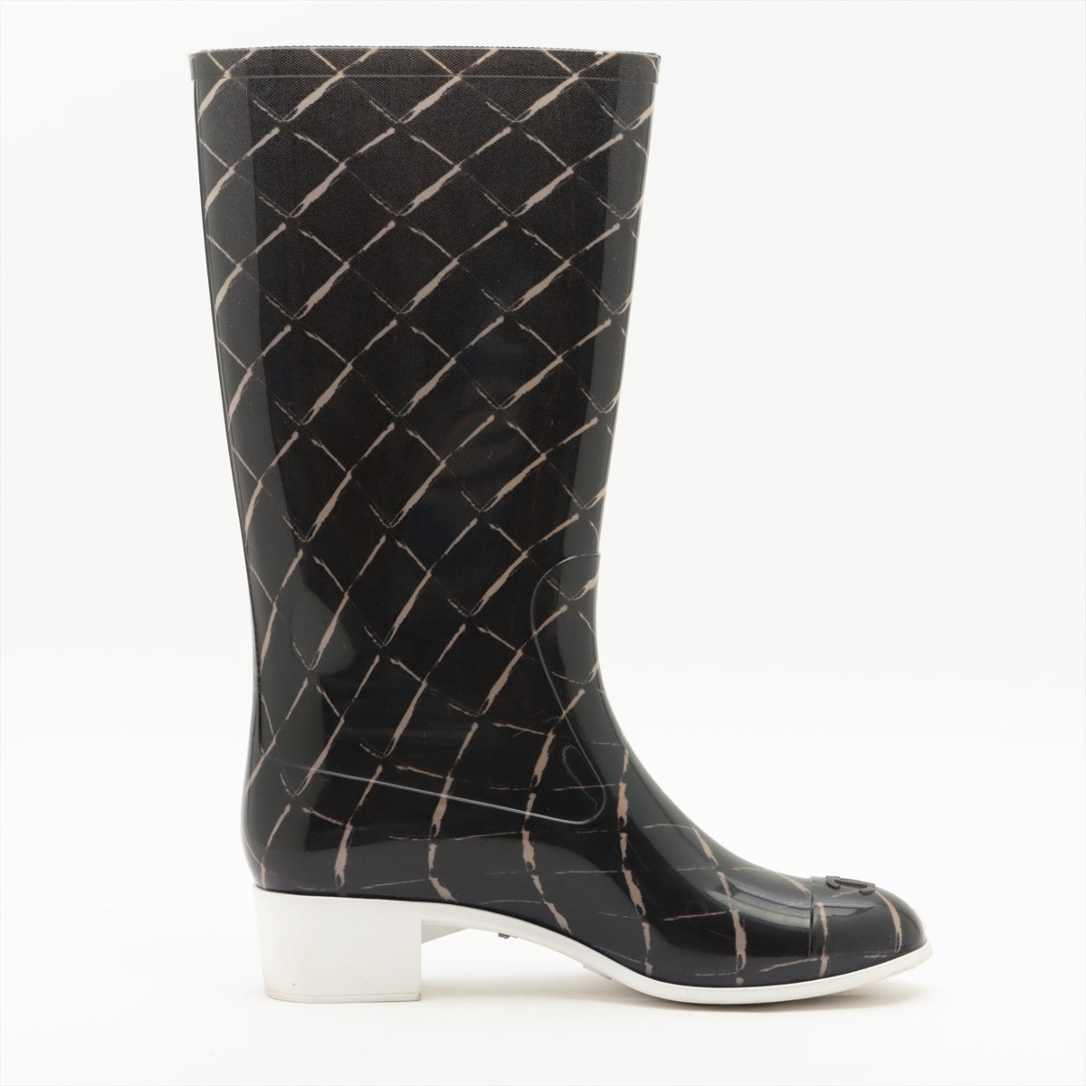 Chanel Coco Mark Rubber Rain boots 35 Ladies' black x beige upper insoles There is dirt on the heel