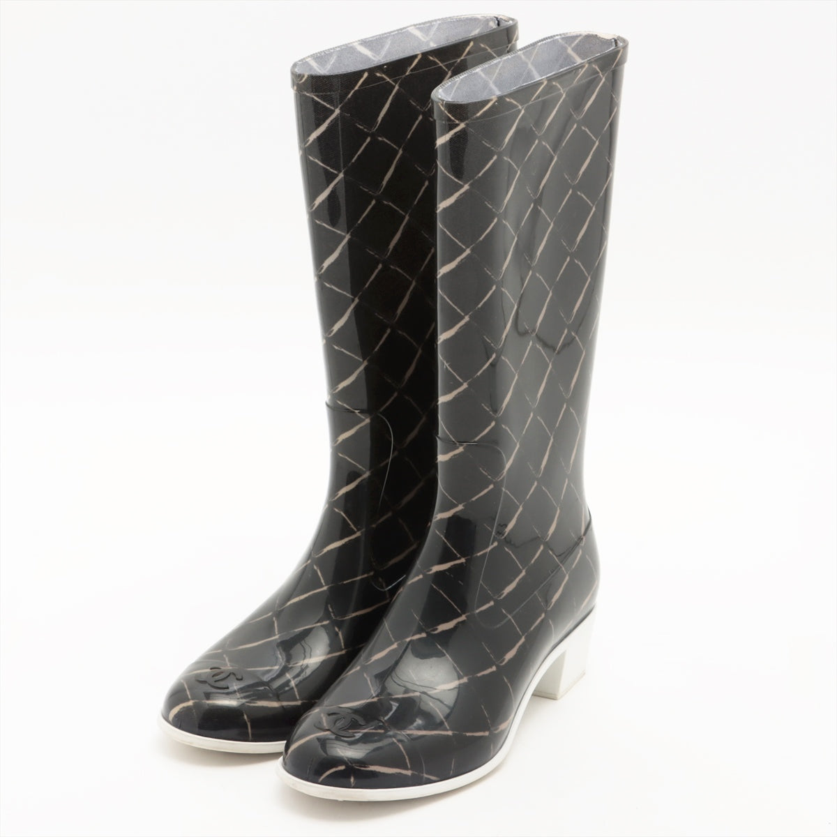 Chanel Coco Mark Rubber Rain boots 35 Ladies' black x beige upper insoles There is dirt on the heel