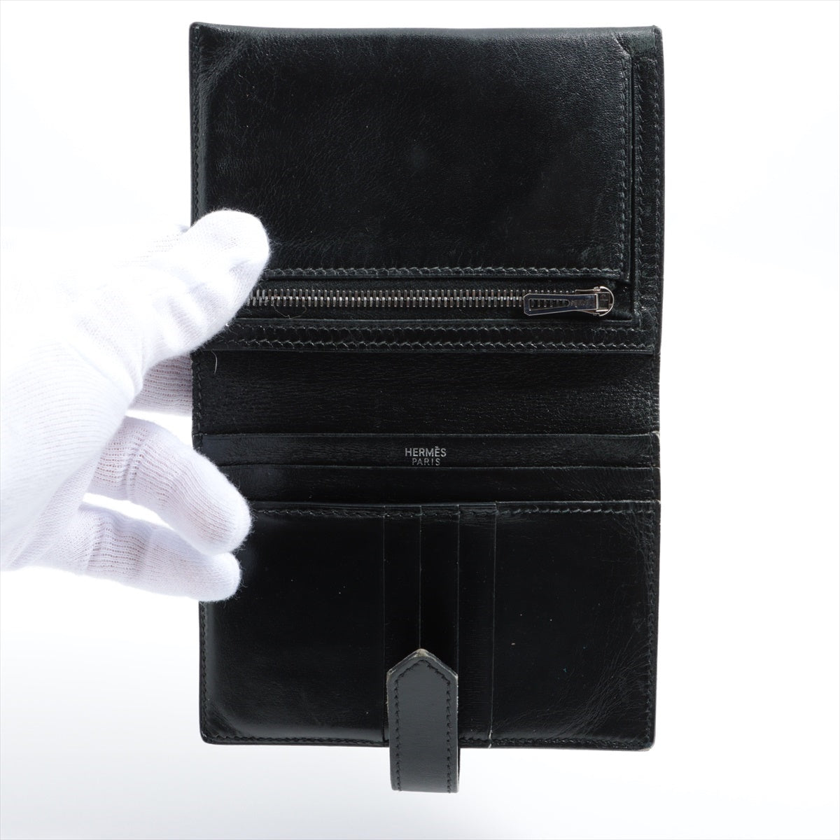 Hermès Bearn Compact Box calf Compact Wallet Black Silver Metal fittings □G:2003