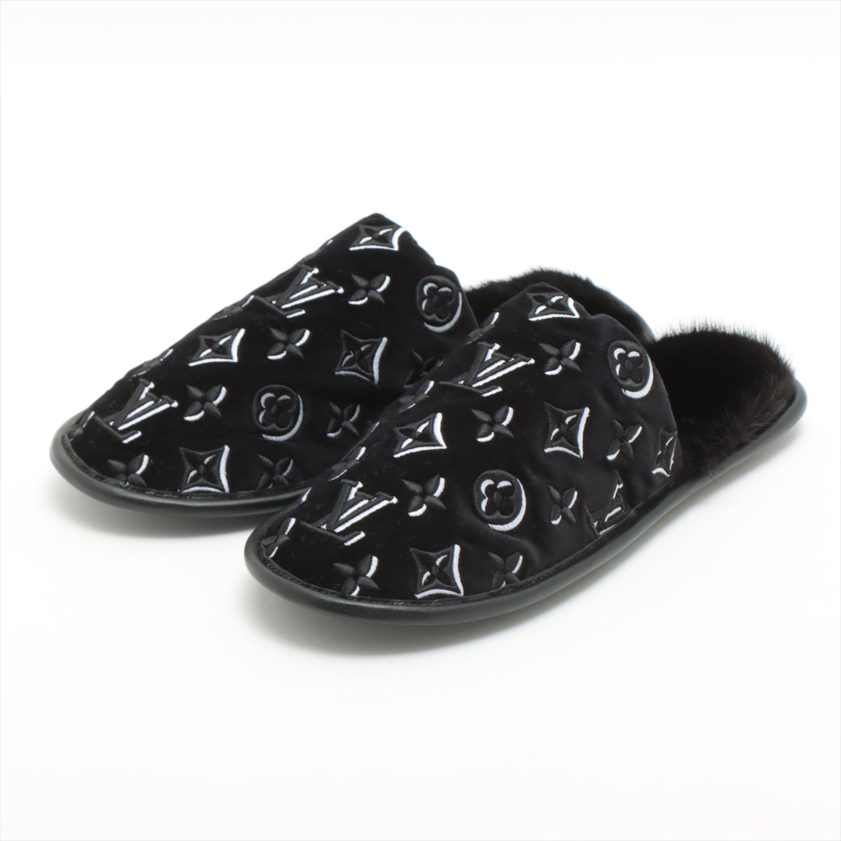 Louis Vuitton LV Suite Line Fabric Sandals 37-38 Ladies' Black Monogram Mink fur