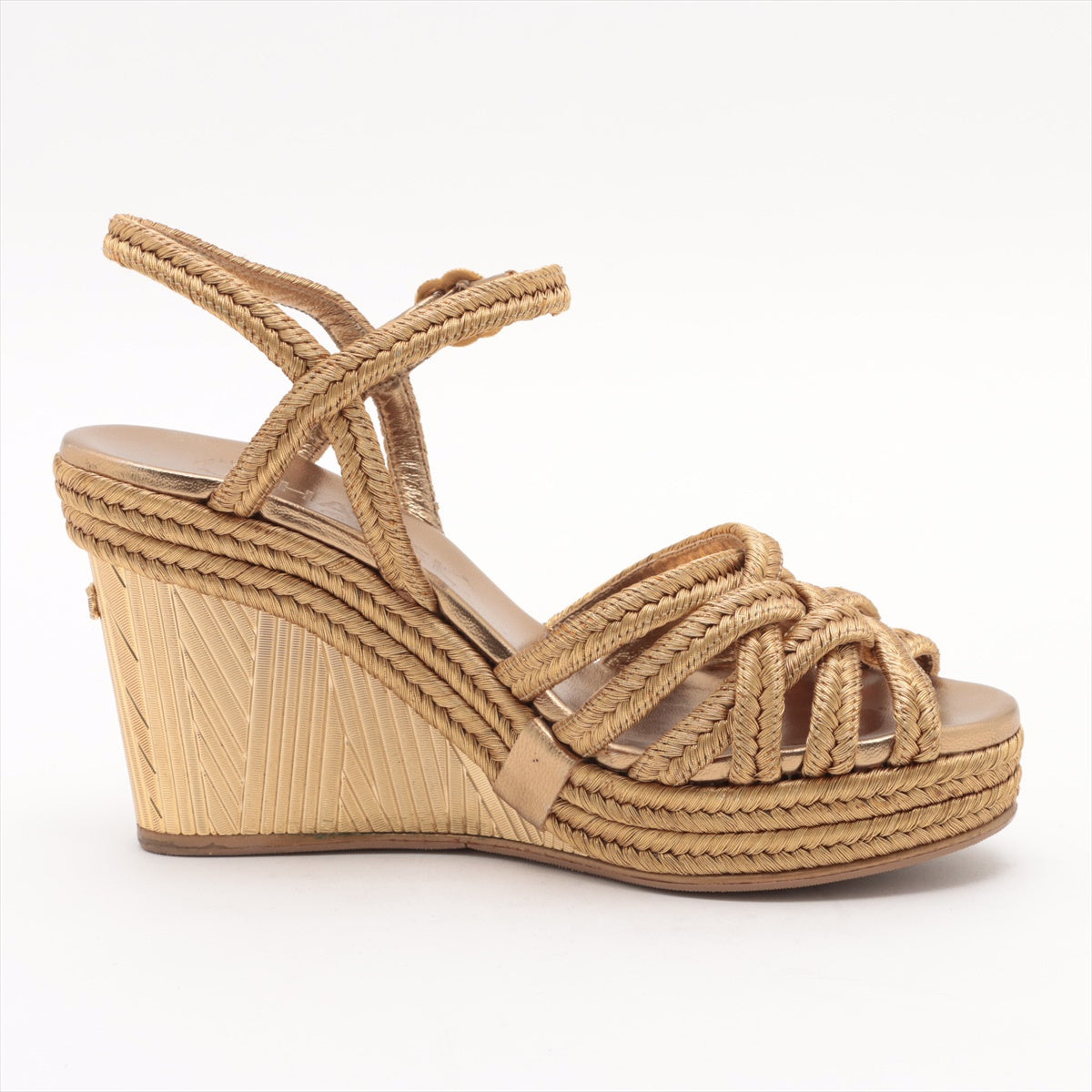 Chanel Coco Mark Leather Wedge Sole Sandals Unknown size Ladies' Gold There is discoloration on the inside of the strap