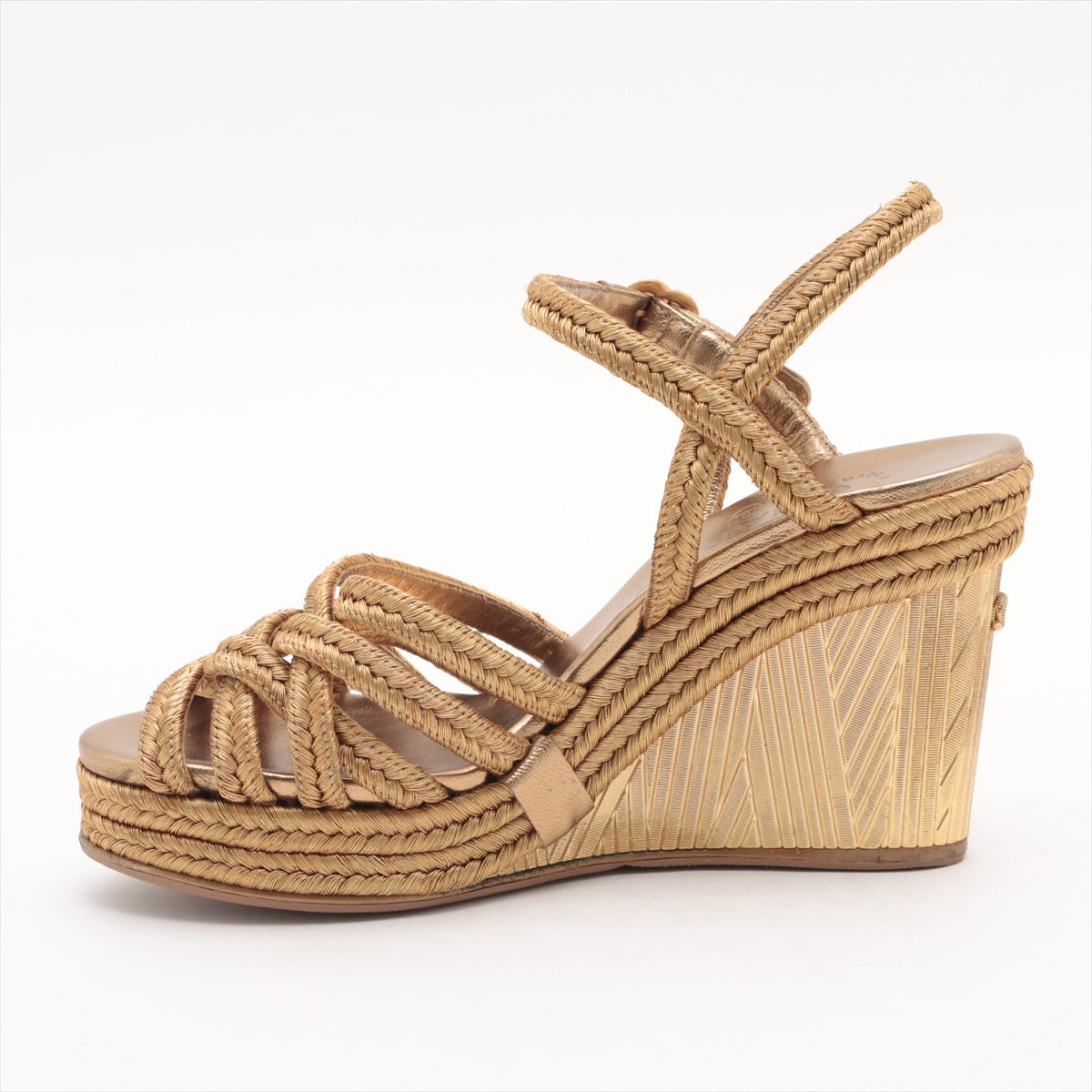 Chanel Coco Mark Leather Wedge Sole Sandals Unknown size Ladies' Gold There is discoloration on the inside of the strap