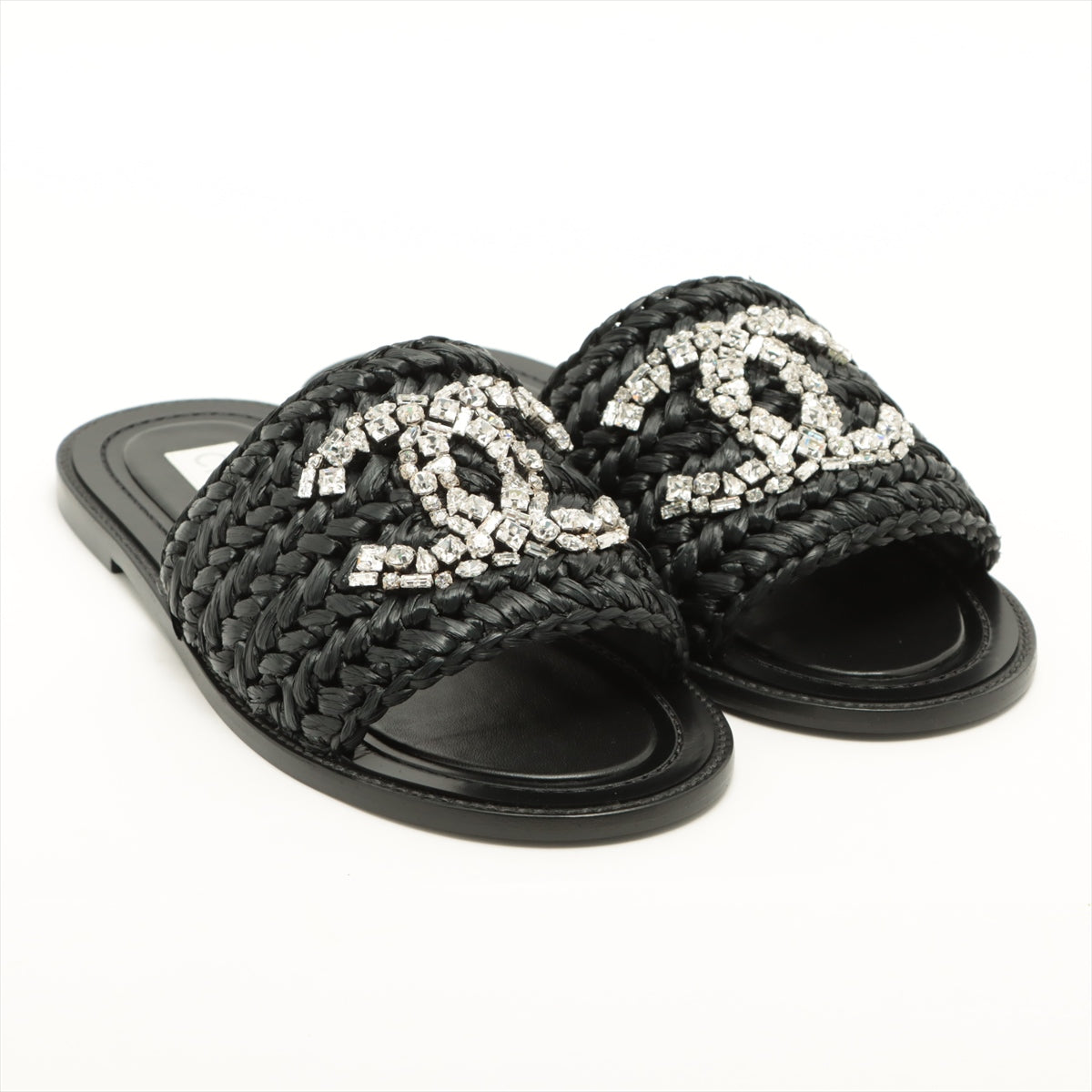 Chanel Coco Mark 23SS Straw & leather Sandals 38C Ladies' Black G40083 Comes with bijou There is a bag