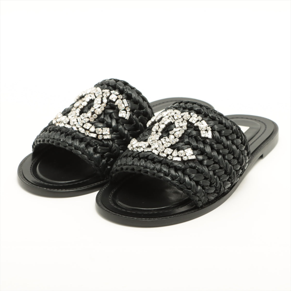 Chanel Coco Mark 23SS Straw & leather Sandals 38C Ladies' Black G40083 Comes with bijou There is a bag