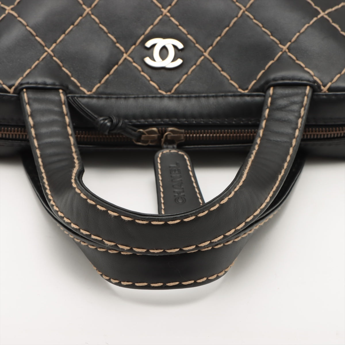 Chanel Wild Stitch Leather Hand bag Black Silver Metal fittings 6527996