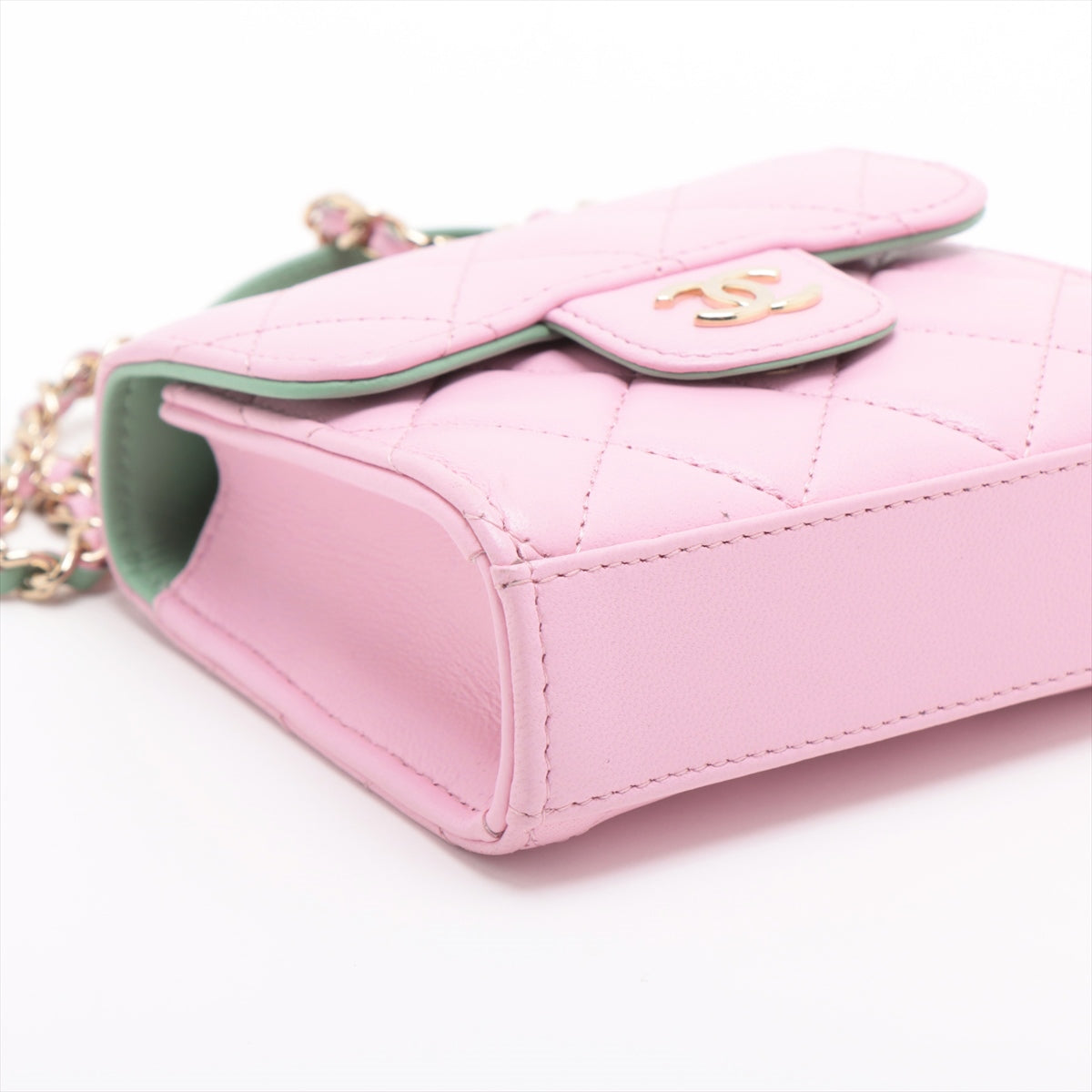 Chanel Mini Mini Matelasse Ram leather Chain shoulder bag Clutch bag Pink x green Gold Metal fittings