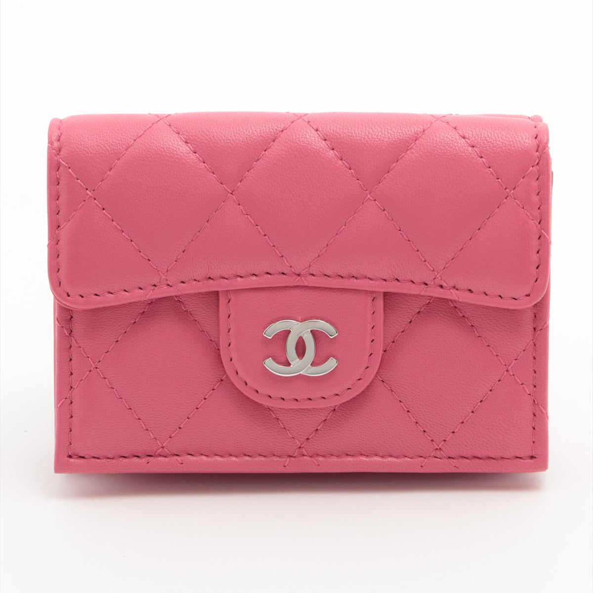 Chanel Matelasse Ram leather Compact Wallet Pink Silver Metal fittings 29th