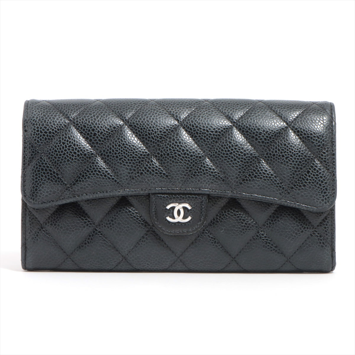 Chanel Matelasse Caviarskin Wallet Black Silver Metal fittings random
