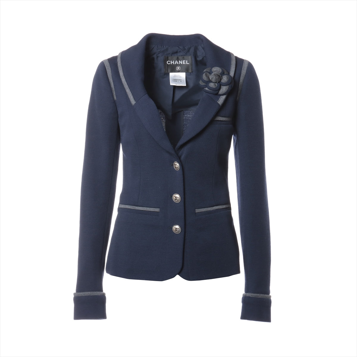 Chanel Coco Mark Camelia Wool & silk Tailored jacket 34 Ladies' Navy blue  P38092