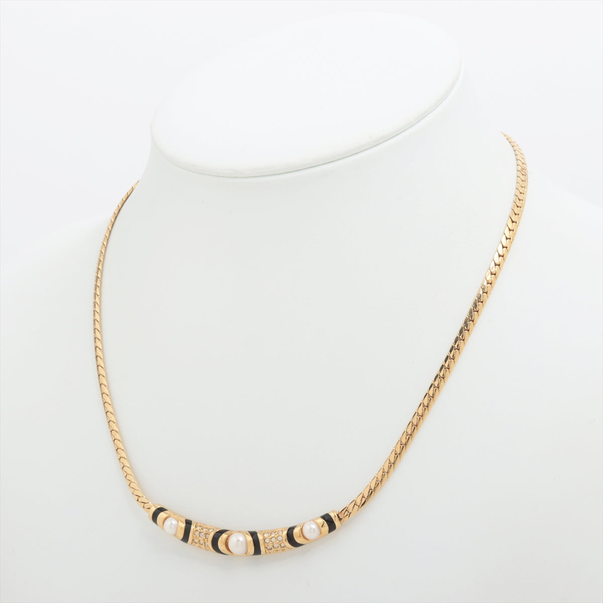 Christian Dior Necklace GP x rhinestone x imitation pearl Gold  herringbone chain