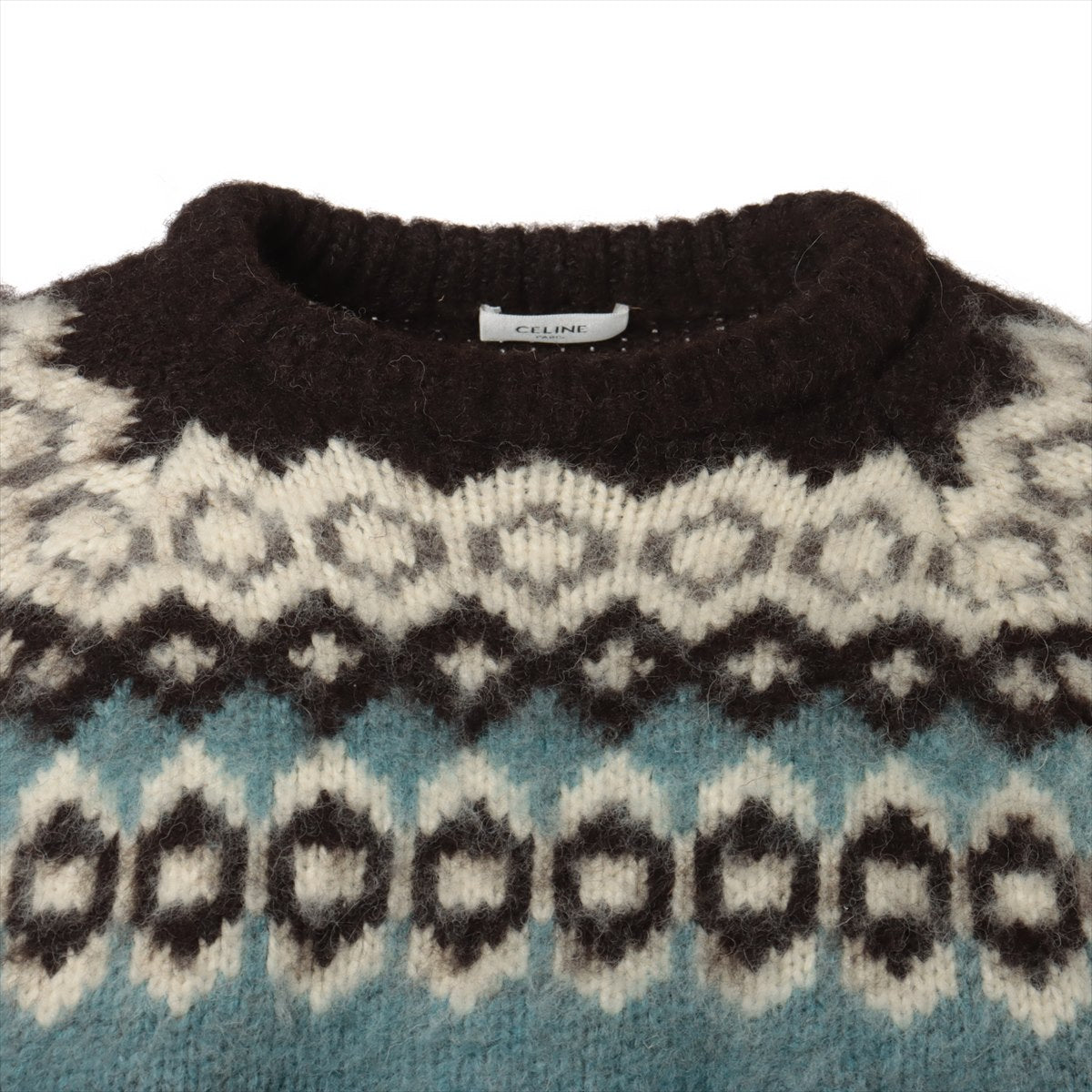 CELINE 22AW Wool Knit S Ladies' Blue  Fair Isle cropped Boxy crew-neck sweater 2A55U120O