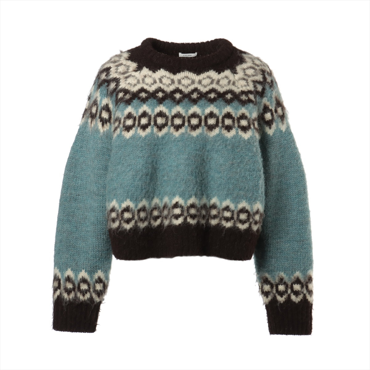 CELINE 22AW Wool Knit S Ladies' Blue  Fair Isle cropped Boxy crew-neck sweater 2A55U120O