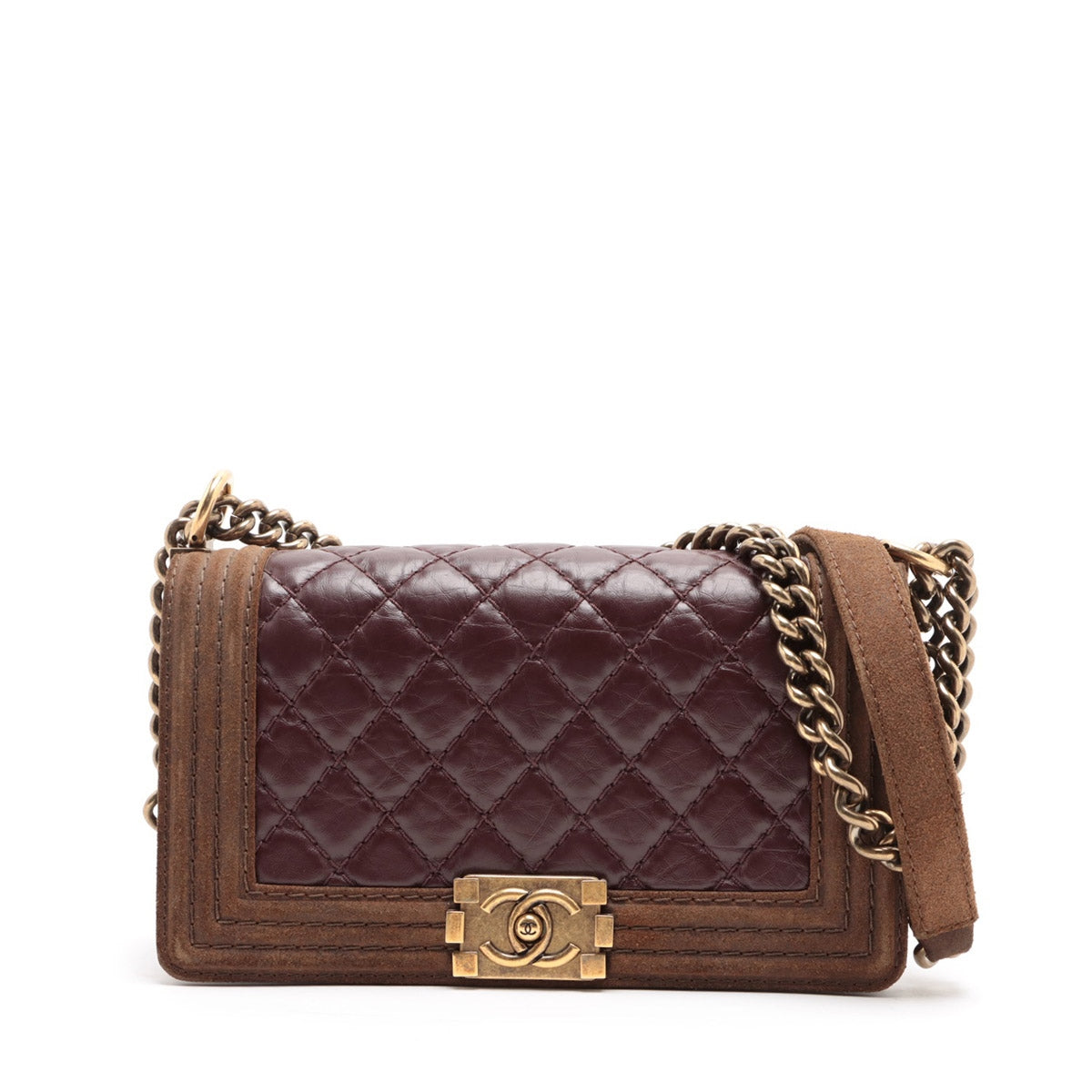 Chanel Boy Chanel Leather & suede Chain shoulder bag Bordeaux x brown Gold Metal fittings 18189566