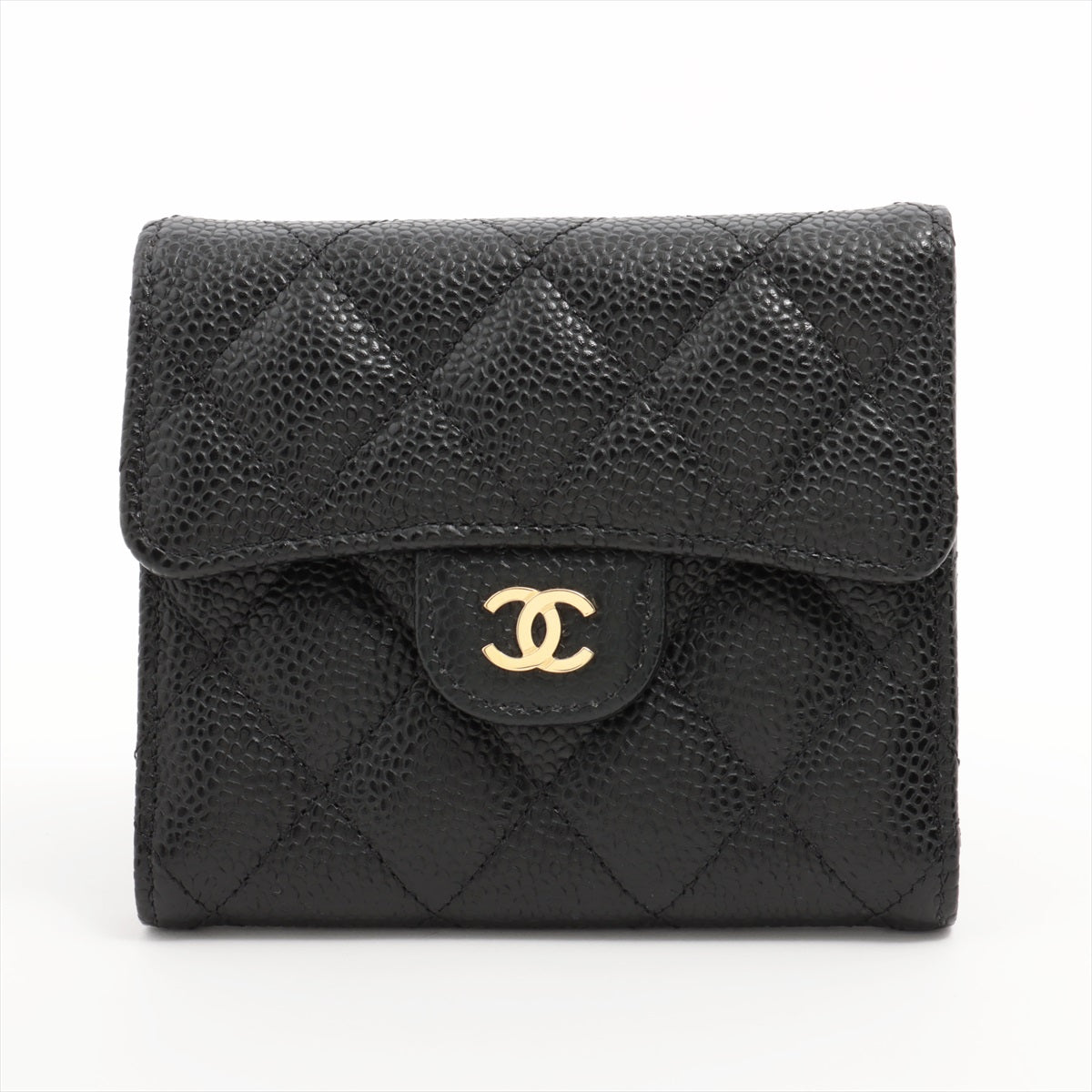Chanel Matelasse Caviarskin Compact Wallet Black Gold Metal fittings 31st