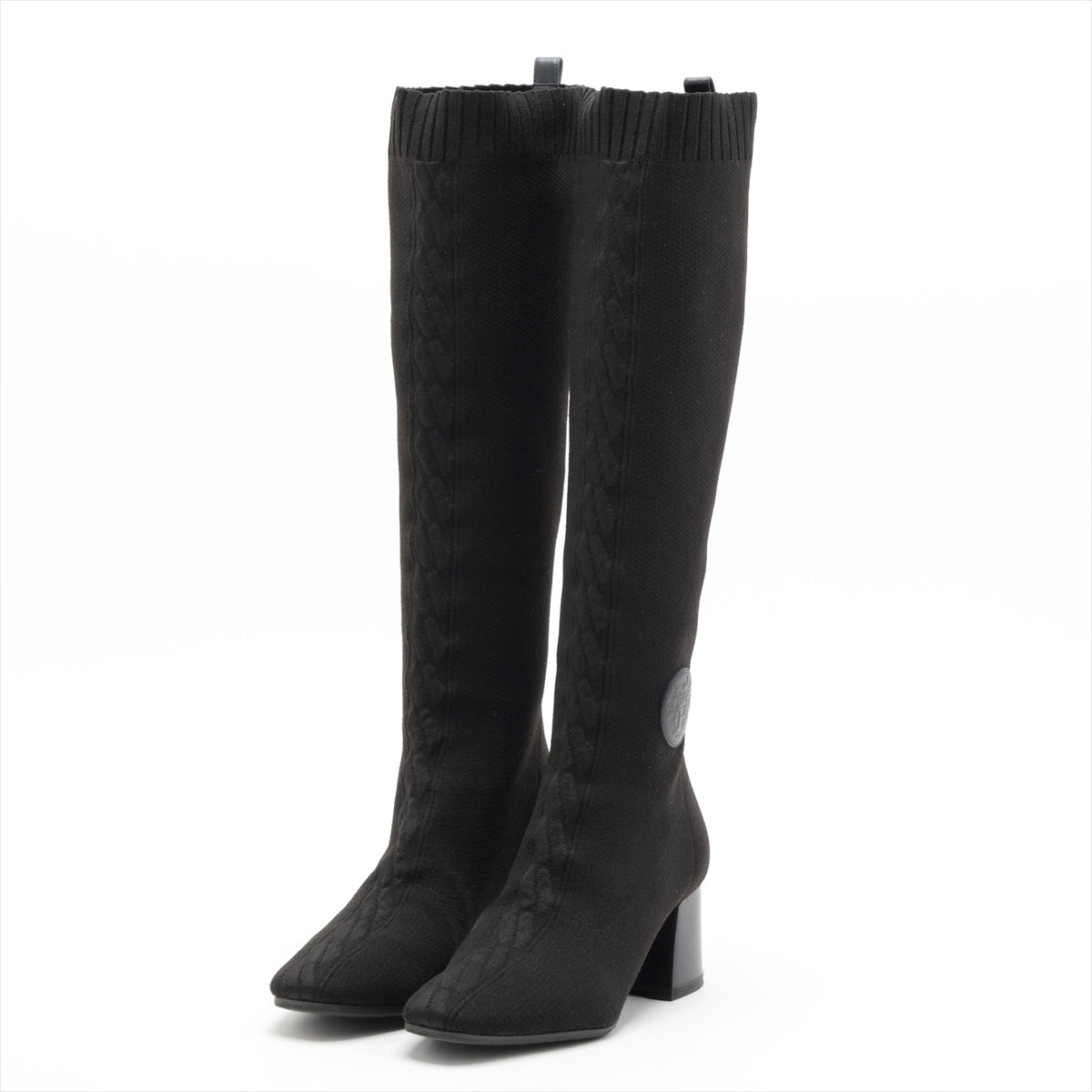Hermès Knit × Leather Long boots 36.5 Ladies' Black Fontaine