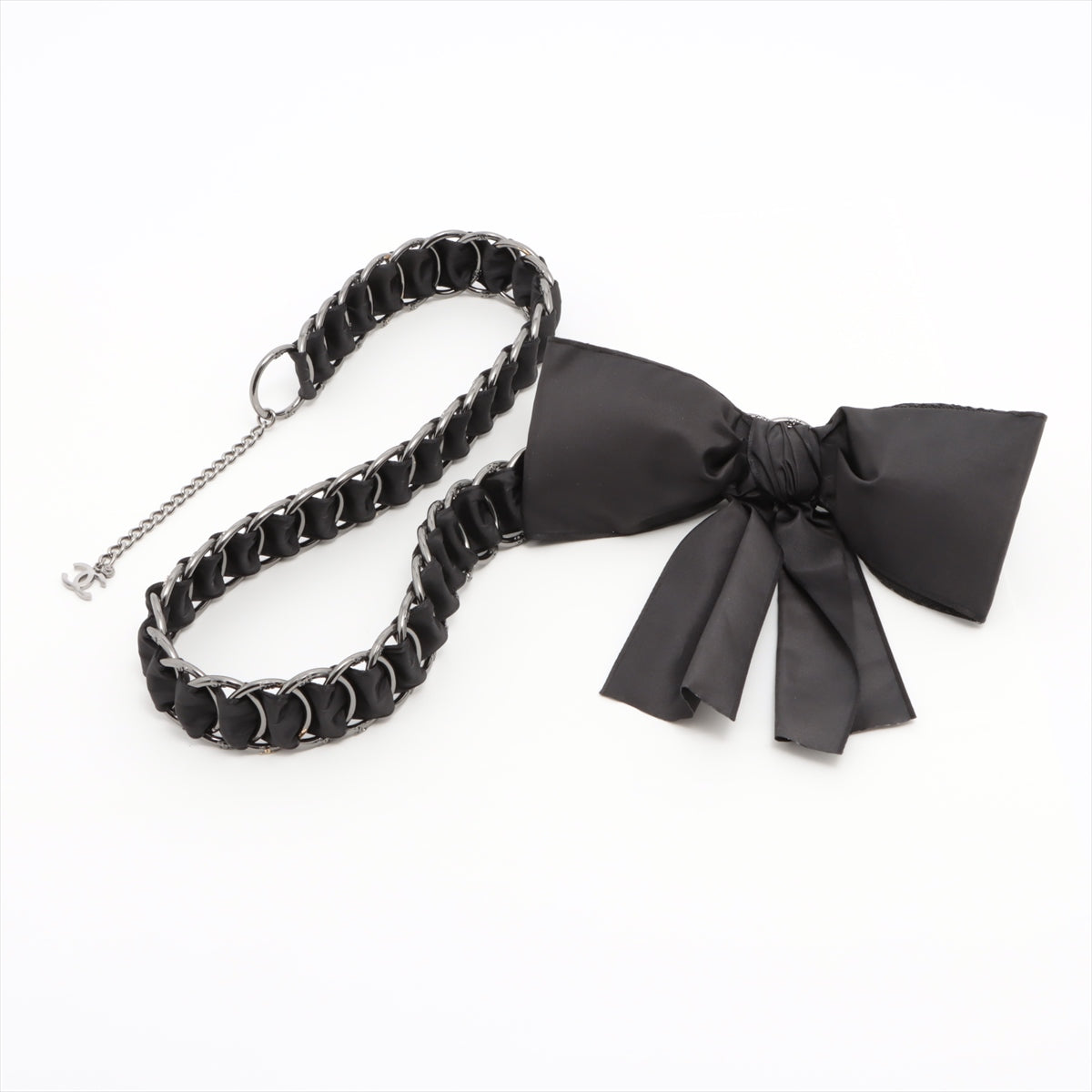 Chanel Coco Mark Ribbon 05A Chain belt Metal x nylon Black x gunmetallic