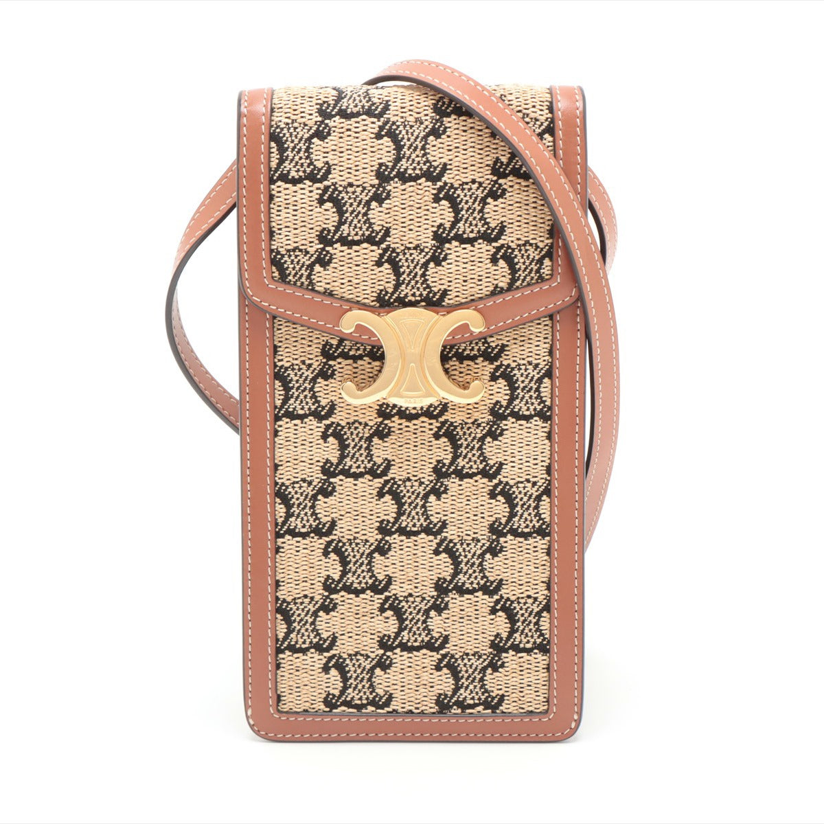 CELINE Triomphe Phone pouch Straw & leather Shoulder bag Beige