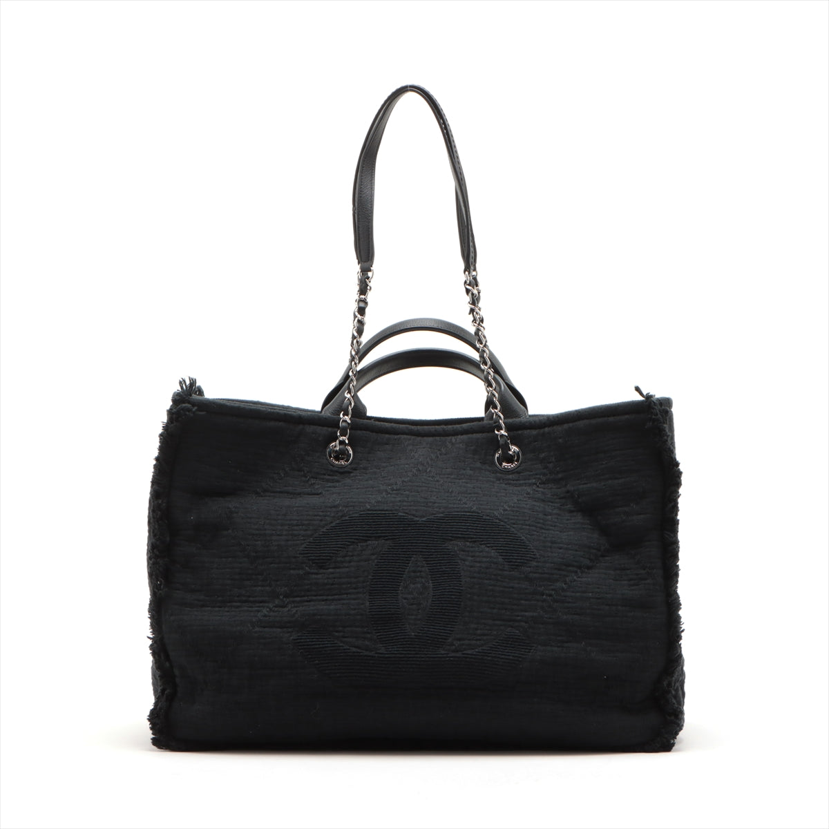 Chanel Deauville Cotton & leather Chain tote bag Black Silver Metal fittings 30